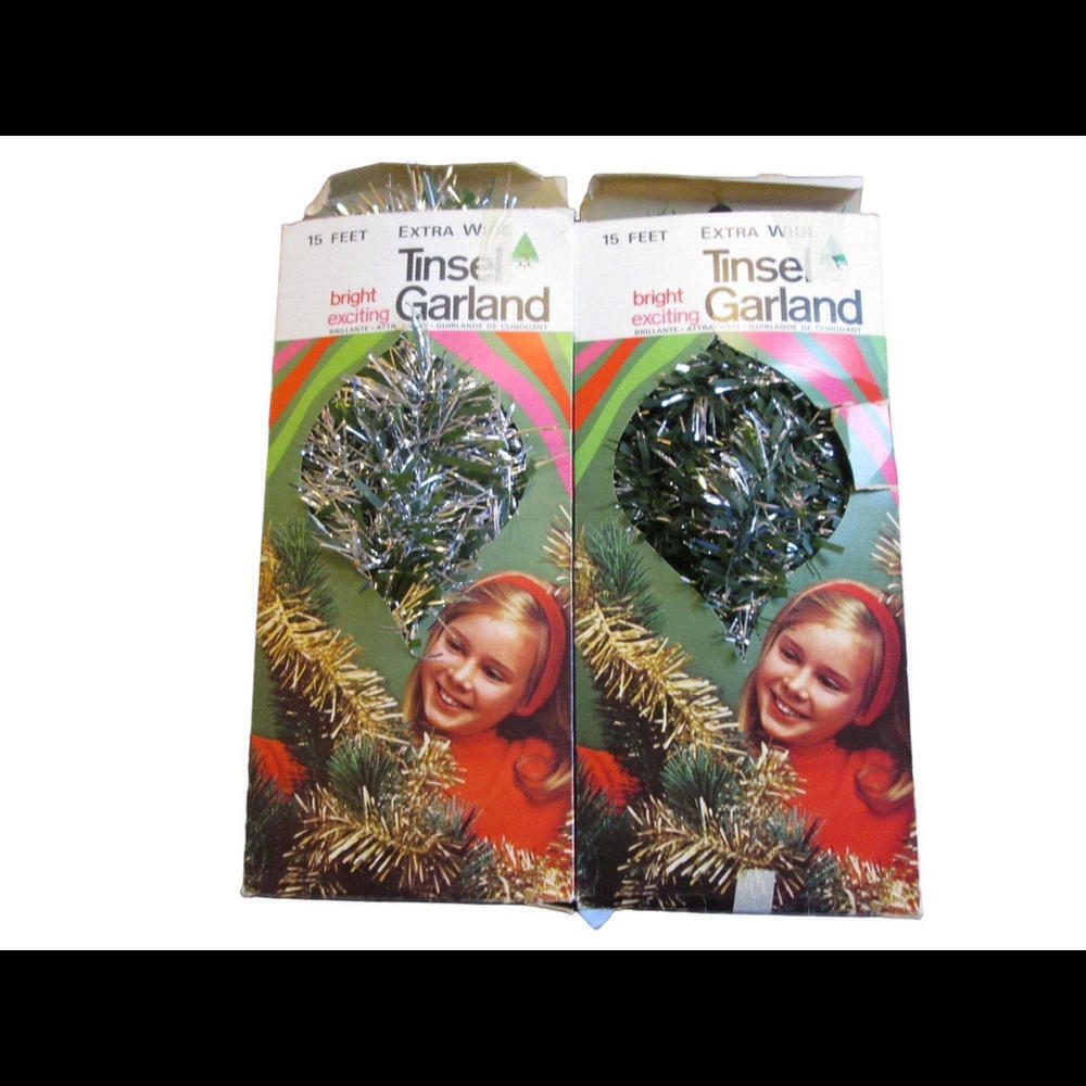 Vintage Green Silver Tinsel Garland 15' Extra Wide Lot of 2 With Original Boxes﻿